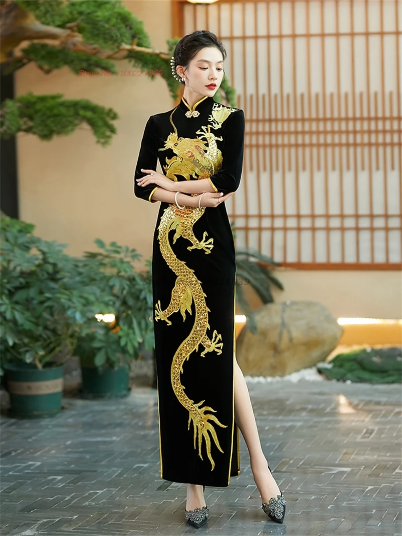 2025 chinese improved dress traditional qipao dress national dragon embroidery velvet qipao oriental banquet evening dress qipao