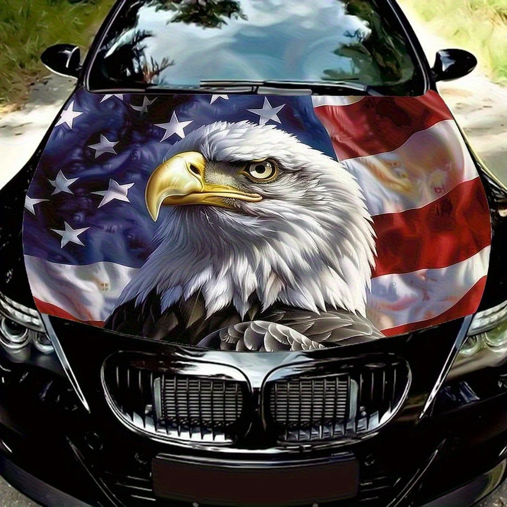 Eagle With American Flag Car Hood Decal Sticker - Durable Vinyl Wrap With Vibrant Flames & Smoke Design, Fit For Most Vehicles,