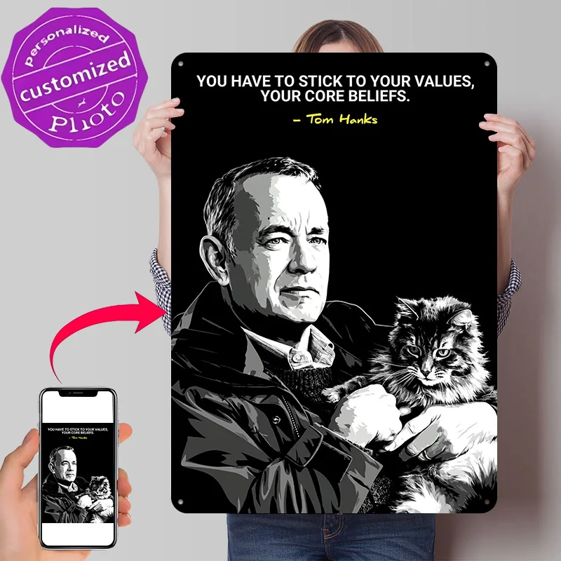 Tom Hanks With Cat Quote Personalized 3D Textured Metal Poster Wall Art Tinplate Sign for Bedroom Decorations Wand Deko Room Tin