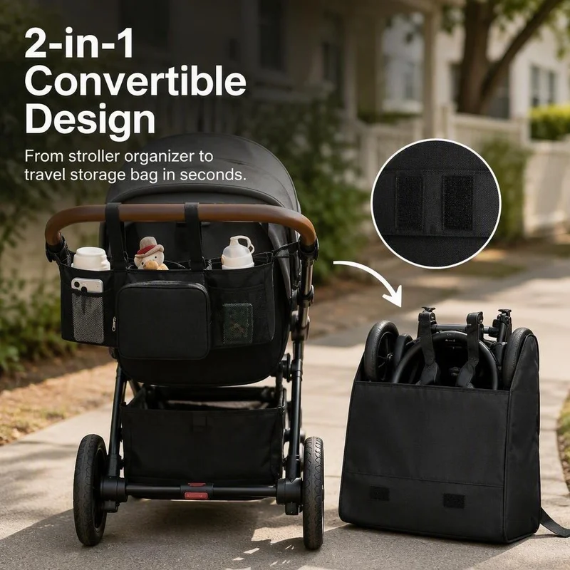 2-in-1 convertible stroller storage bag and backpack, black, suitable for most standard baby strollers