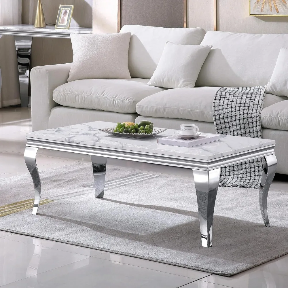 

Modern Rectangular Faux Marble Coffee Table with Mirrored Stainless Steel Base for Living Room