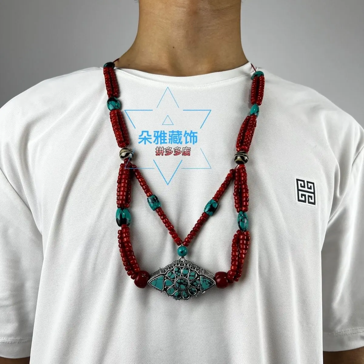 

New necklace ethnic stone handmade coral inlaid Tibetan accessories
