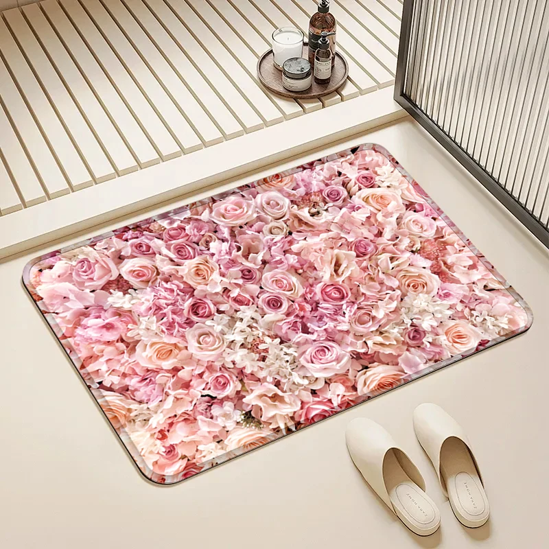 

Pink Rose Flower Doormat Non-Slip Floor Mat Home Entrance Door Rug Romantic Decor Bedroom Bathroom