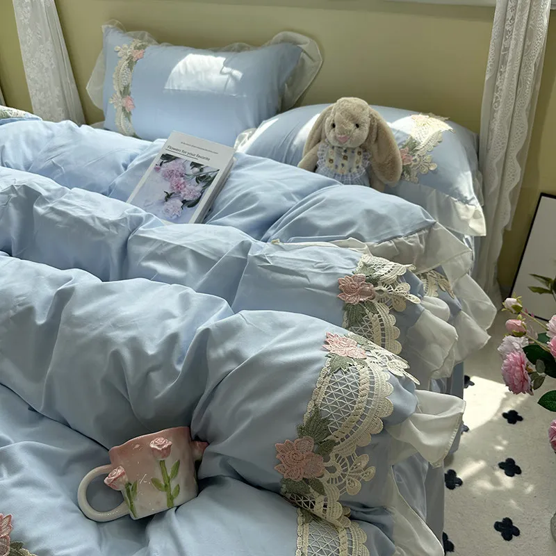 Korean Version of Princess 4piece Bedding Set Bedroom Cover The Quilt Sheet Pillowcase Bed Skirt Lace Trim Three-piece Set