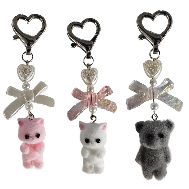 Kawaii 3D Flocking Cat Keychain Cute Cartoon Bowknot Cat Key Holder Keyring Bag Pendant Backpack Hanging Decoration