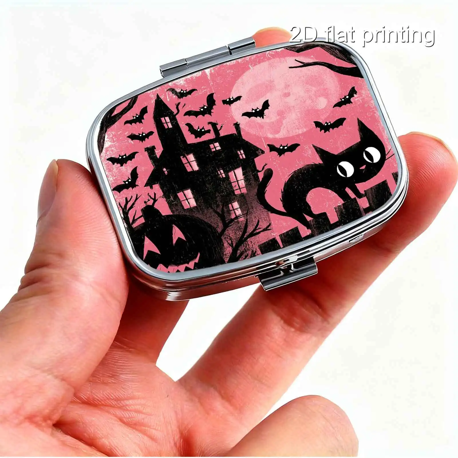 1Pc Flat Printing Pill Box, Portable Metal Material, Square Design with Pink Night Sky, Haunted House, Black Cat, Pumpkin Prints, Macaron Dark Style, Soft Matte Square Design - Mini Pill Box - Pill and Capsule Holder - Compact Creative Accessory Box - Essential Medicine Storage - Compartmentalized Design - Lightweight and Convenient for Carrying