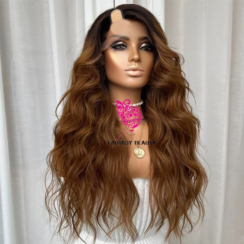 

Right Side U Part Human Hair Ombre Auburn Brown Body Wave Full Machine Made Wigs for Black Women Glueless Opening V Part Wigs