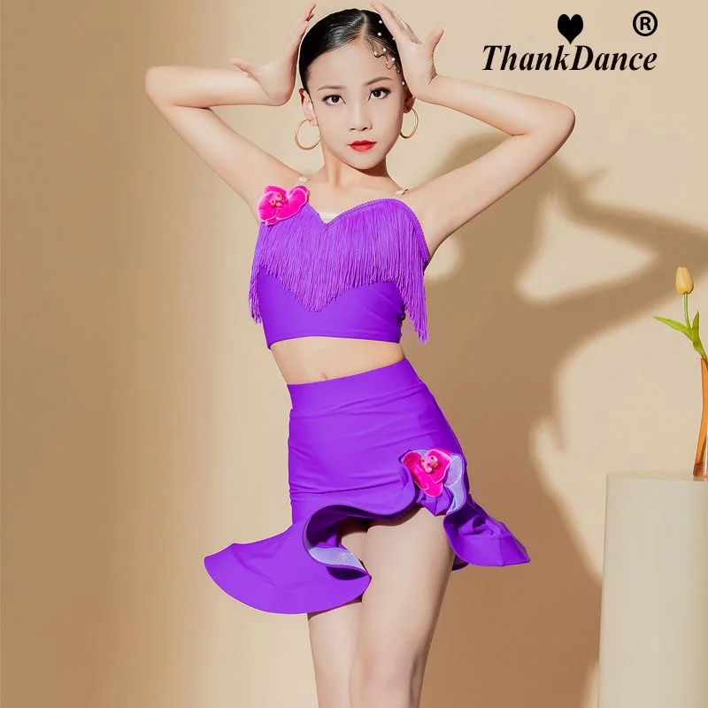 สาวชุดเต้นรําละติน Fringe Latin Dance เสื้อผ้าเด็กการแข่งขัน Salsa เครื่องแต่งกายสีดําสีแดงเด็กห้องบอลรูม Tango ชุด