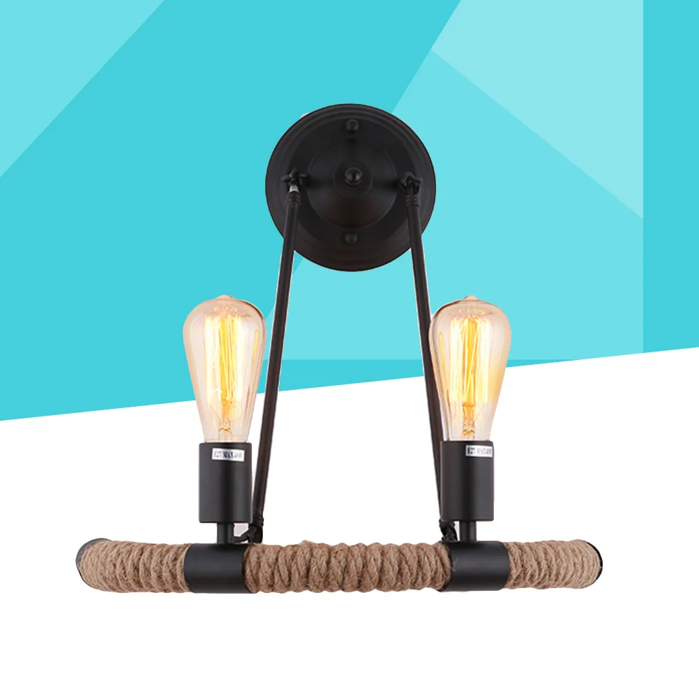 

Hemp Rope Wall Lamp Vintage Black Metal 2 Light Bases Retro Wall Sconce Industrial Lighting Fixture Bulb Not Included