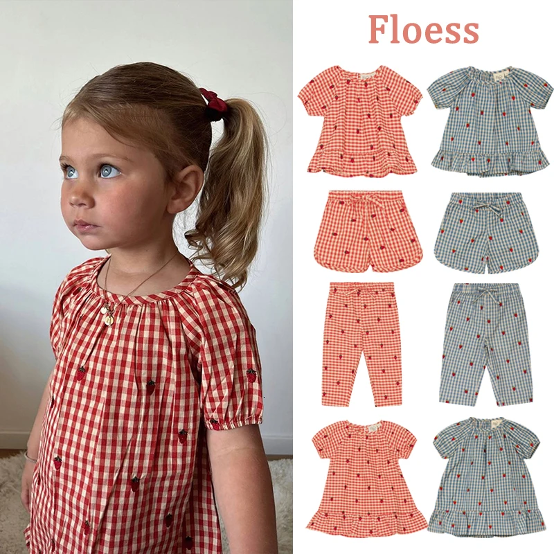 Floess Summer Plaid Dress Embroidered Strawberry Plaid Top Shorts Pants Sets Vacation Casual Daily Wear Kids Clothes Girls