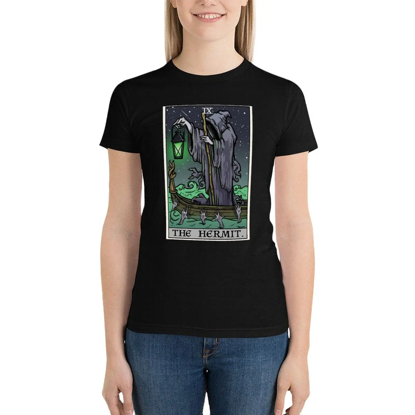 The Hermit Tarot Card Gothic Halloween Psychopomp Grim Reaper Angel of Death T-Shirt summer top woman t shirt