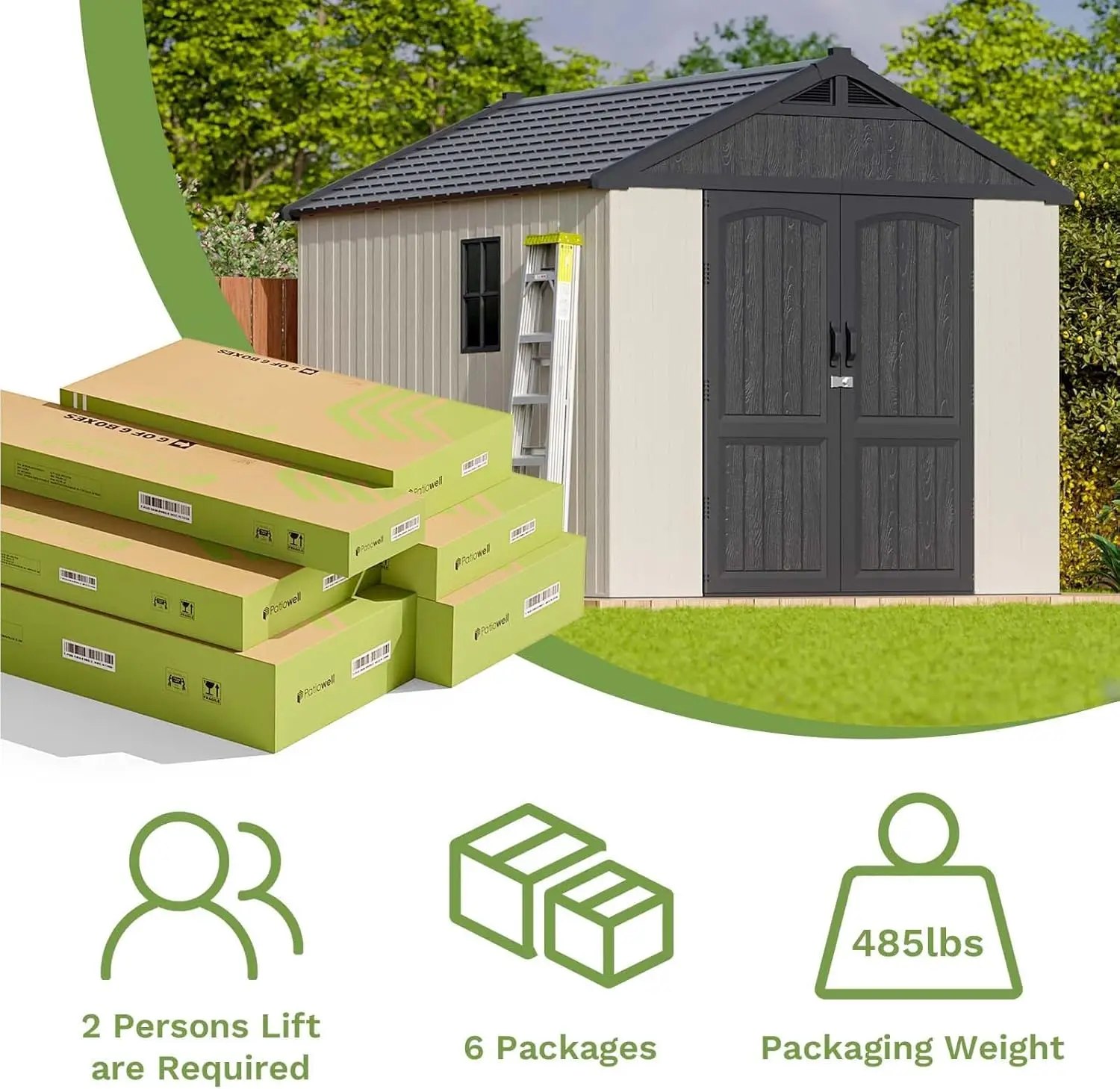 سقيفة بلاستيكية مقاس 8 × 10 أقدام، سقيفة تخزين خارجية مع أرضية، سقيفة أدوات حديقة من الراتنج، باب قابل للقفل ونفذين للفناء