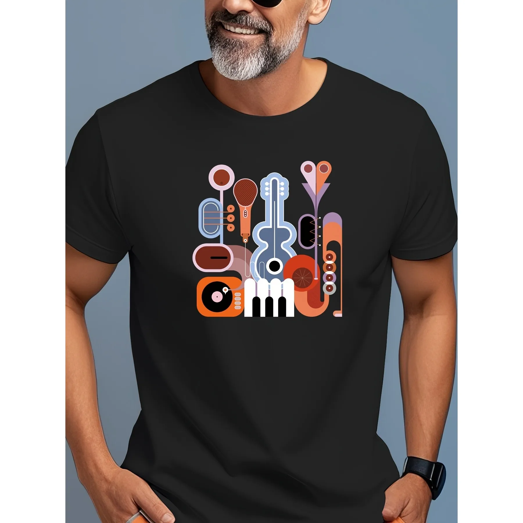 Abstract Music Instruments Graphic Tee Men Breathable Short Sleeve T-Shirt Daily Style Cotton Crewneck