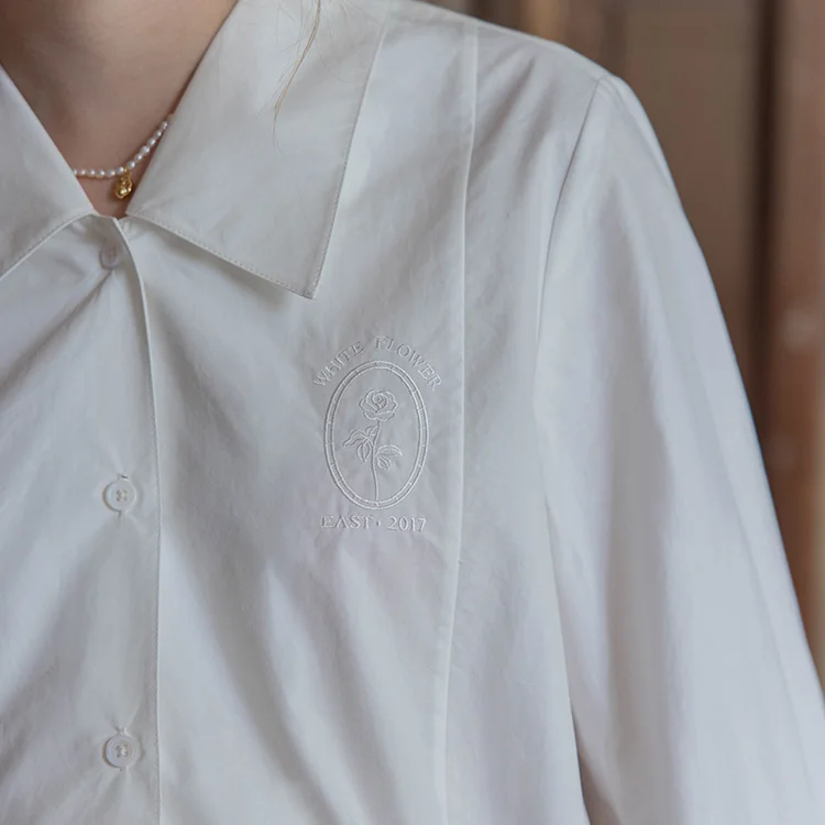 เสื้อแขนยาวสตรีผ้าซาตินกระดุมด้านบนเสื้อสลิมฟิตคอทเทจคอร์ผ่อนคลายสบายๆฤดูใบไม้ผลิสบายวันหยุดสุดสัปดาห์กลางแจ้ง