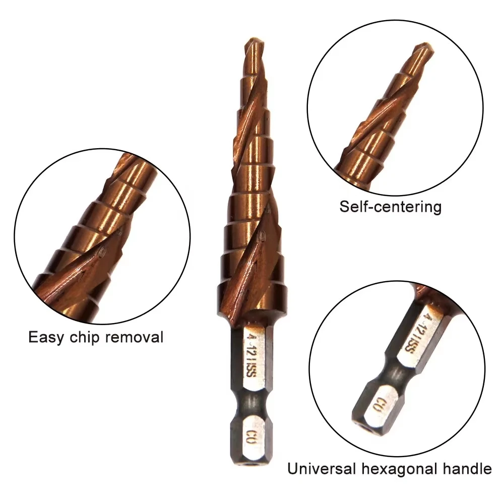 Taladro escalonado en espiral Hexagonal M35 que contiene cobalto, herramienta de corte de taladro Pagoda de 3-12/4-12mm, herramienta de broca