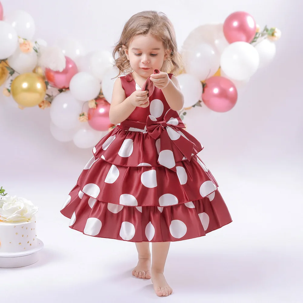 

Satin Kids Girls Clothes Printed Belt Bowknot Infant Dress Gown Princess Performance Polka Dots Girls Dresses From 1 To 9 Years