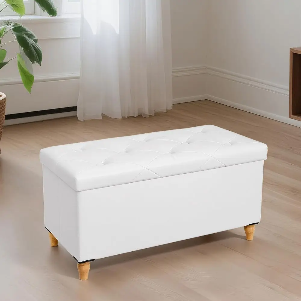 

30 Inches Storage Ottoman Bench with Wooden Legs, aux Leather olding Ottoman oot Rest, Storage Bench or Living Room, Hallway & B