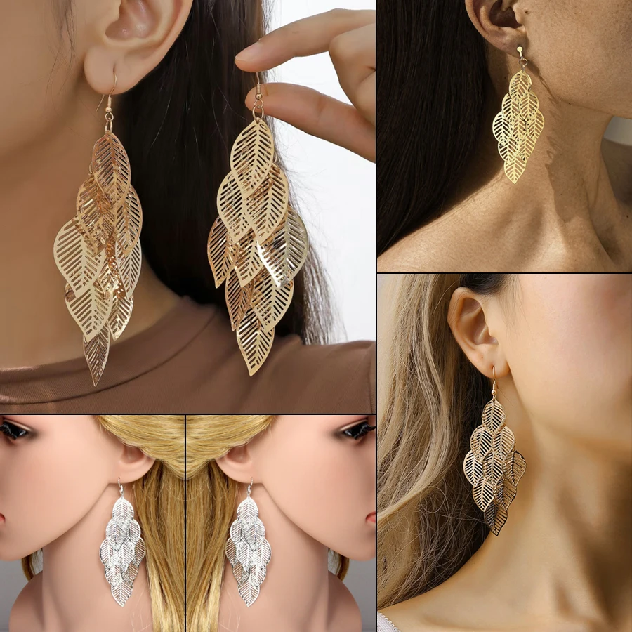 Простые многослойные висячие длинные серьги с листьями, женские аксессуары, модные серьги-капли с полыми листьями, повседневные повседневные украшения, украшения