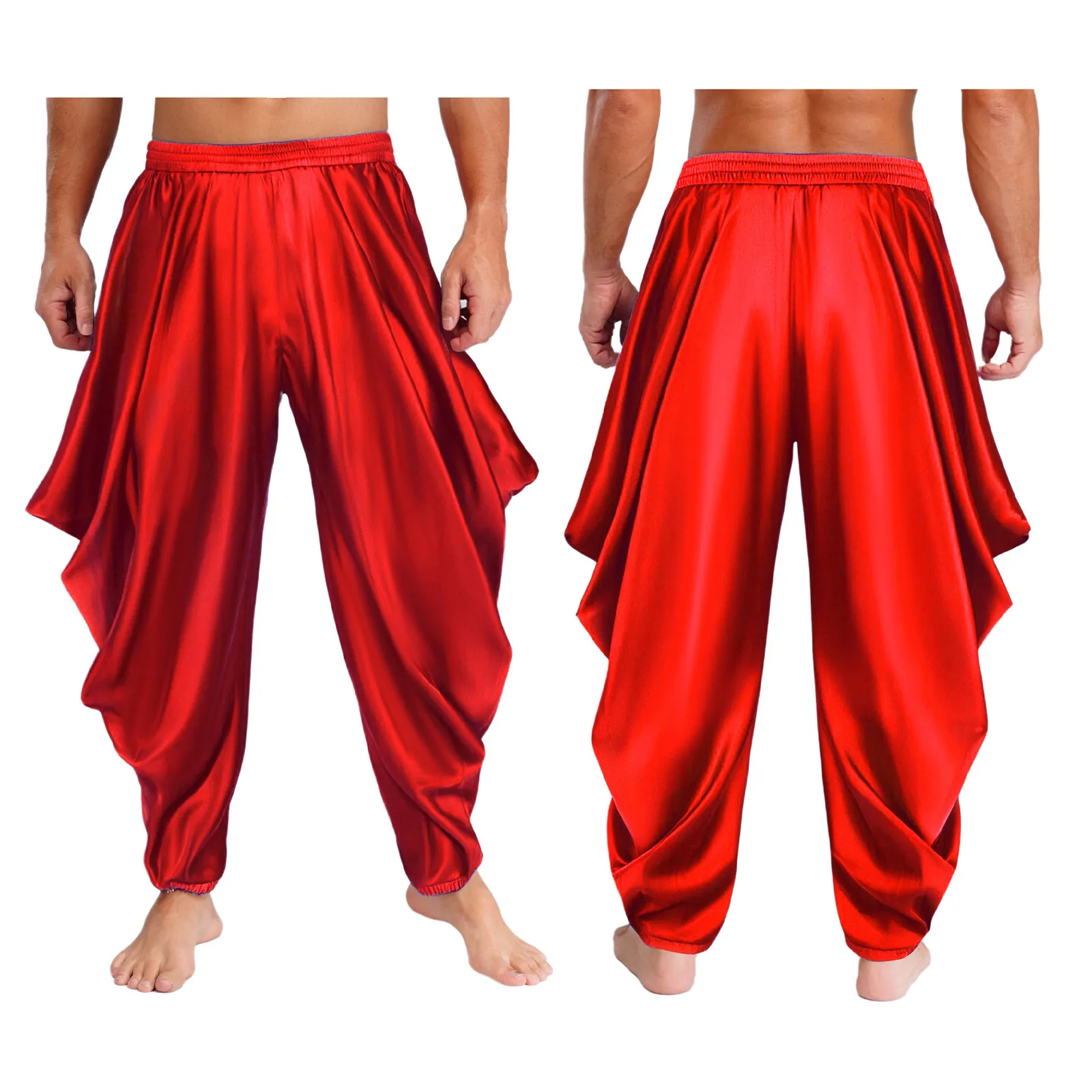 Homens halloween carnaval árabe príncipe harem calças cintura elástica cetim calças soltas para cosplay festa dança do ventre indiano