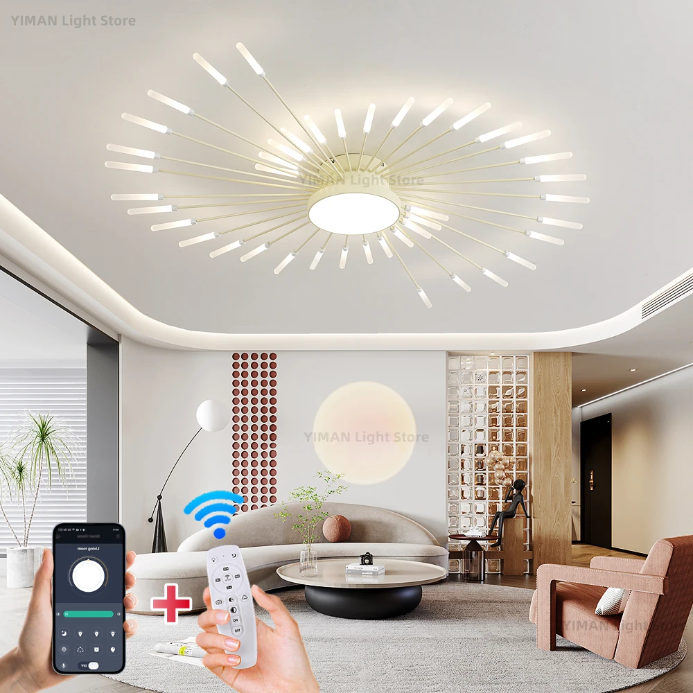 

Led Firework Chandelier Dimmable For Living Room Bedroom Milk Yellow Ceiling Chandelier Dining Room LED Ceiling Lamp With Remote