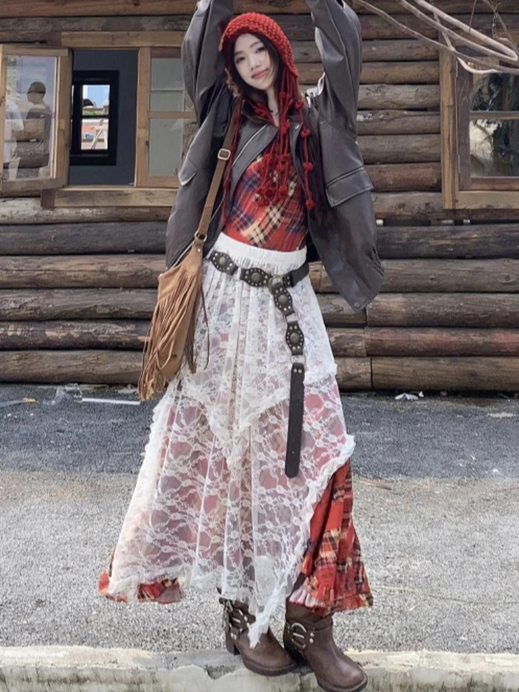 

Богемная пряная сетчатая полуюбка нестандартной формы для девочек, женский летний многослойный фартук, универсальная драпированная кружевная юбка, стиль для поездок на работу, высокая талия