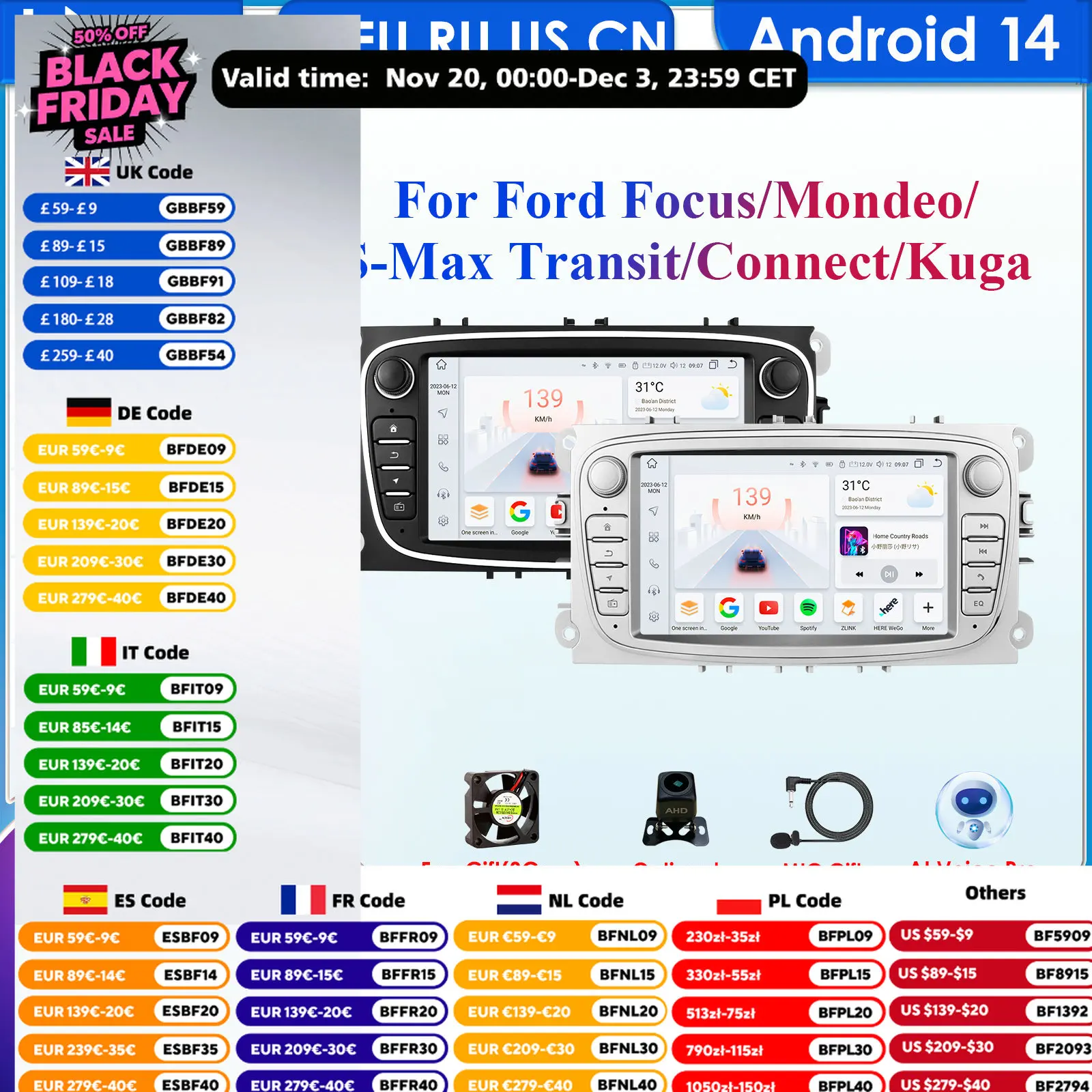 Hizpo 2 Din Android 14 Car Radio for FORD/Focus/S-MAX/Mondeo/C-MAX/Galaxy Car Multimedia Player Video GPS USB DVR Camera FM WIFI