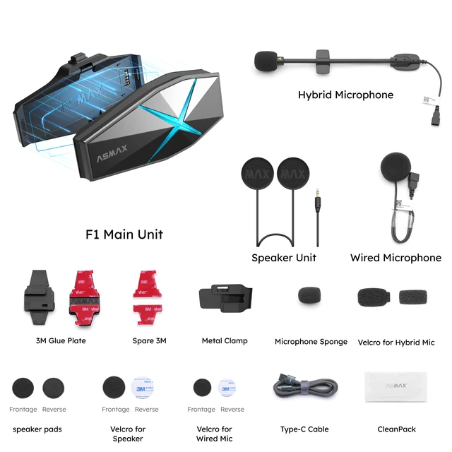 ASMAX F1 Motorcycle Helmet Bluetooth Stereo Intercom, 10 Riders