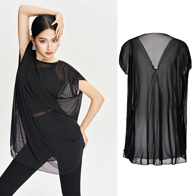 

2025 Latin Dance Training Dress For Women Loose Black Mesh V-neck Top Smock Chacha Samba Latin Dance Practice Clothing DN22259