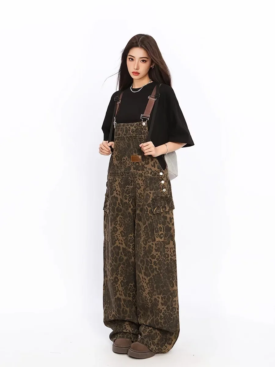 American Retro Leopard Print Overalls Women'S Spring New Loose Straight Street Cowboy Wide-Leg Overalls