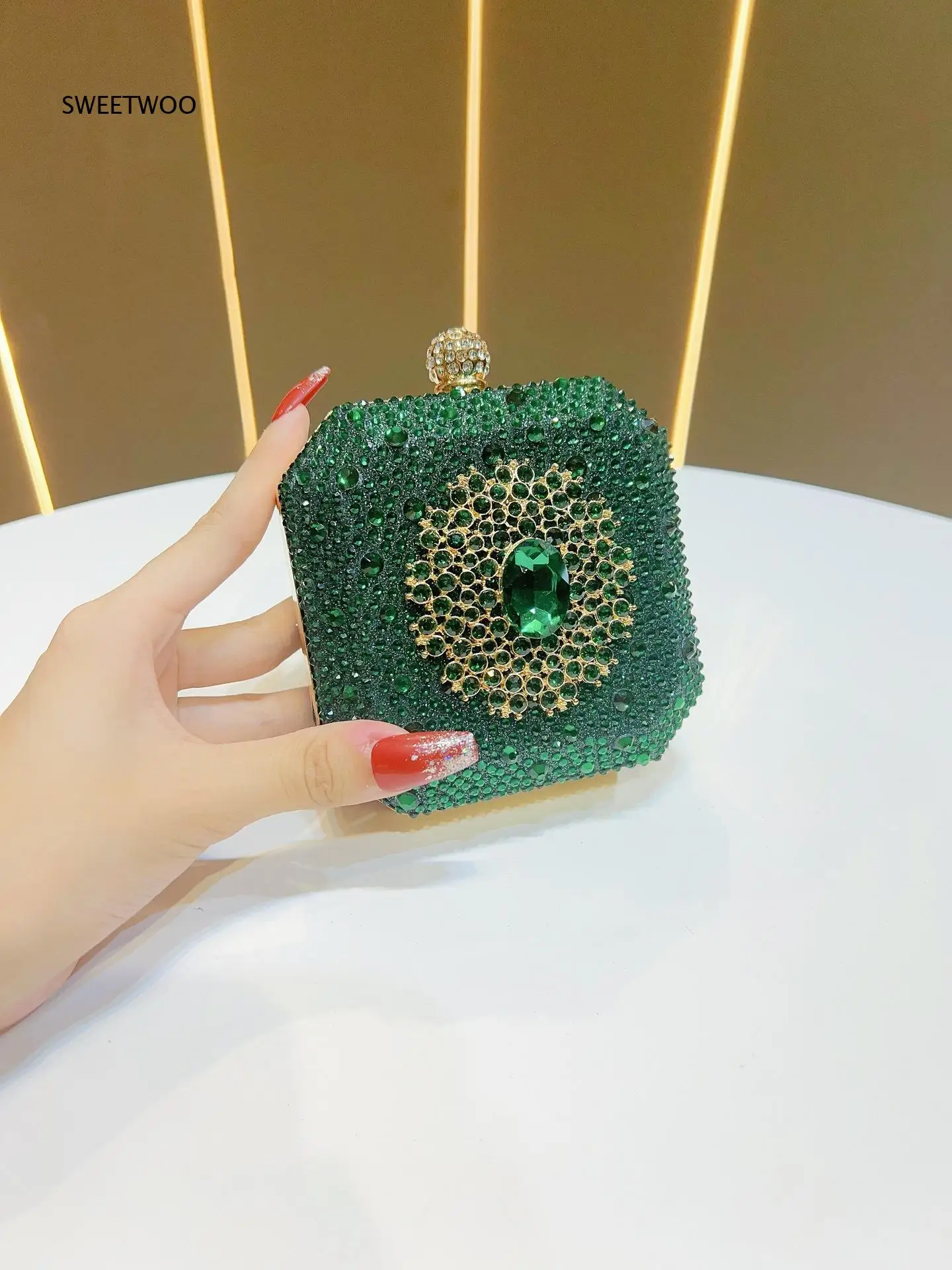 Square Green Crystal Evening Bag For Women Full Rhinestone Inlay Gemstone Accent Wedding Party Handbag