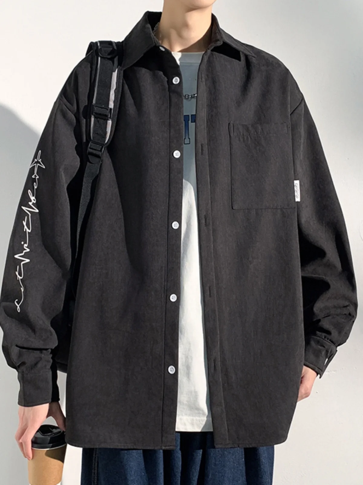 

Мужская рубашка свободного кроя с длинным рукавом из персикового бархата, повседневная, универсальная, весна-осень, высококачественная, не требующая глажки