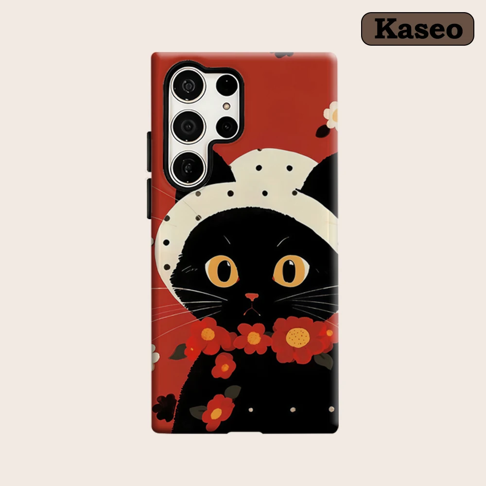 Kaseo Phone Case for Samsung Galaxy S26 S25 Ultra S24 S23 Ultra Plus Shockproof Double Layer Red Polka Dot Cat & Flowers Cover