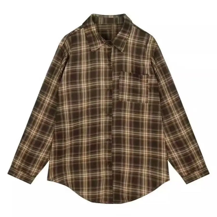 Neues Harajuku braunes Karohemd Streetwear Herbst Damen Vintage Langarm Oversize Bluse Koreanische Mode Knopfkleidung für Frauen – Detail 2
