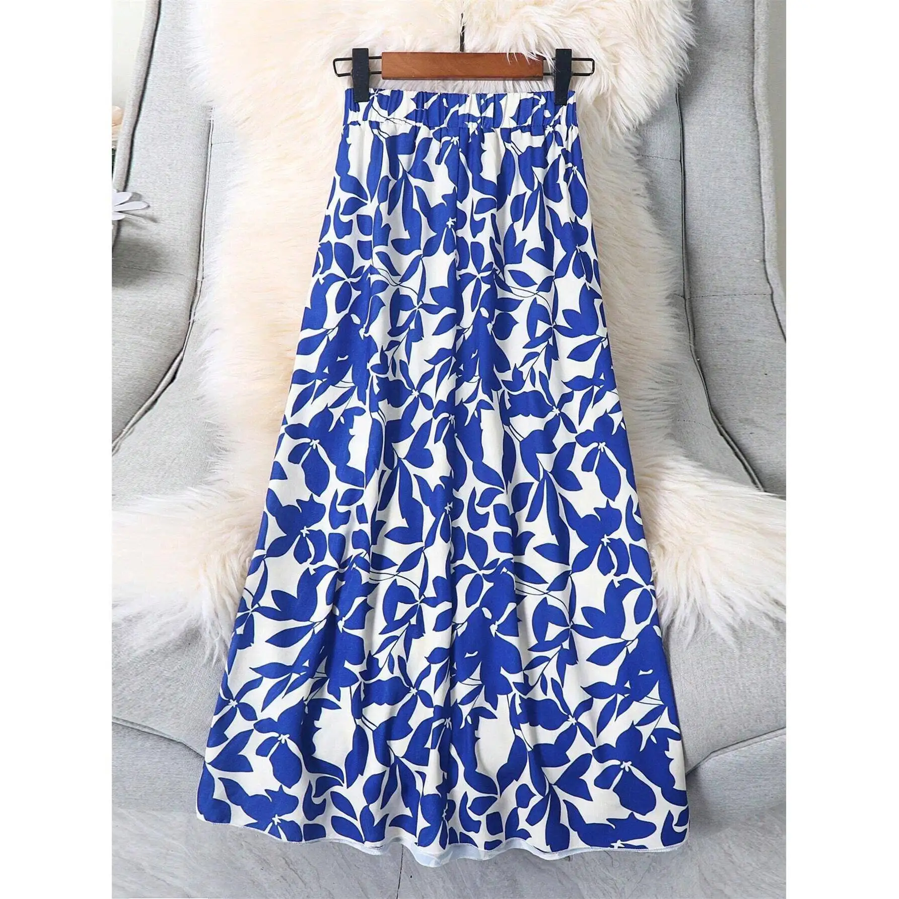 Summer Beach Vacation Floral Print Elastic Waist Loose Casual Atmosphere Half Skirt Women's Fashion Polyester A-Line Skirt