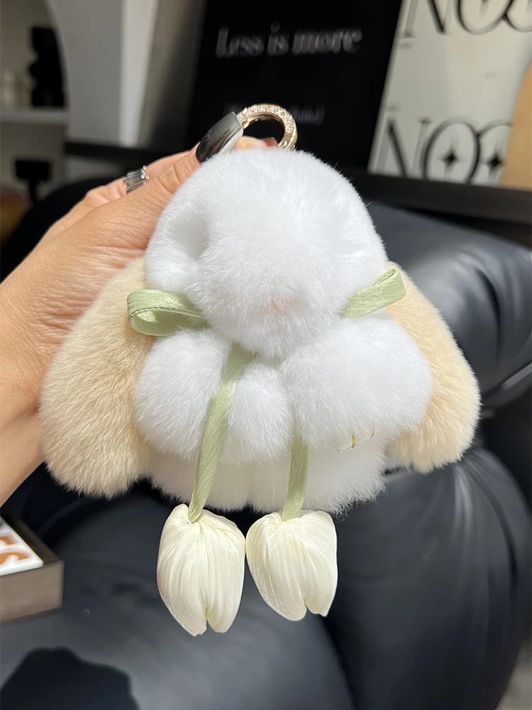 Cute Real Rex Rabbit Fur Keychain Mini Bunny Pendant Women Bag Charm Car Key Ring Ornaments Girl Plush Toy Trinkets Classic Gift