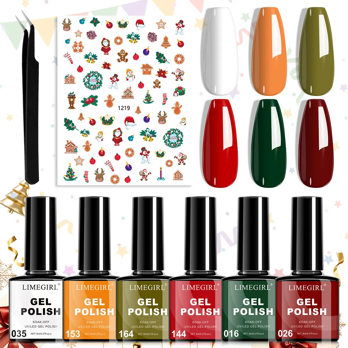 

LIMEGIRL 6 Colors Christmas Gel Nail Polish Set Semi Permanent Soak off UV LED Gel Varnish With Nail Art Christmas stickers Kit