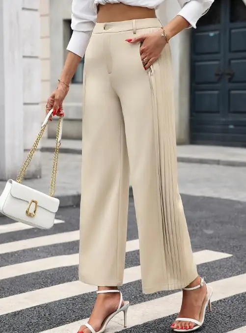 Commuting solid color double-sided pleated splicing design wide leg pants with casual style details pocket pants for women