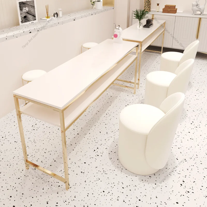 Modern Wooden Nail Table Cream Style Golden Iron Art Manicure Nail Tables Professional Aesthetictable Salon Furniture Mesa FYMT