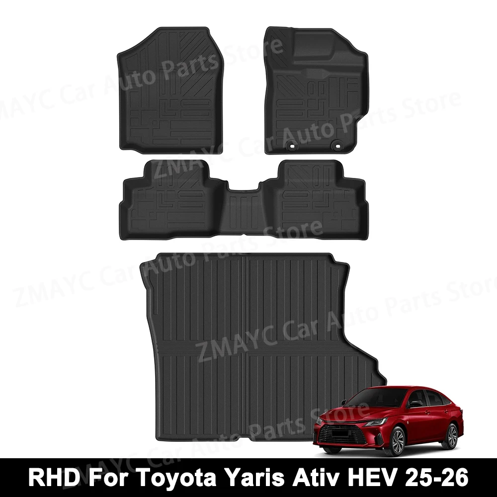 Rechtslenker für Toyota Yaris Ativ HEV (Vios Hybrid) 2025 2026 TPE 3D Auto-Fußmatten Kofferraummatte Schutz-Zubehör Schwarz