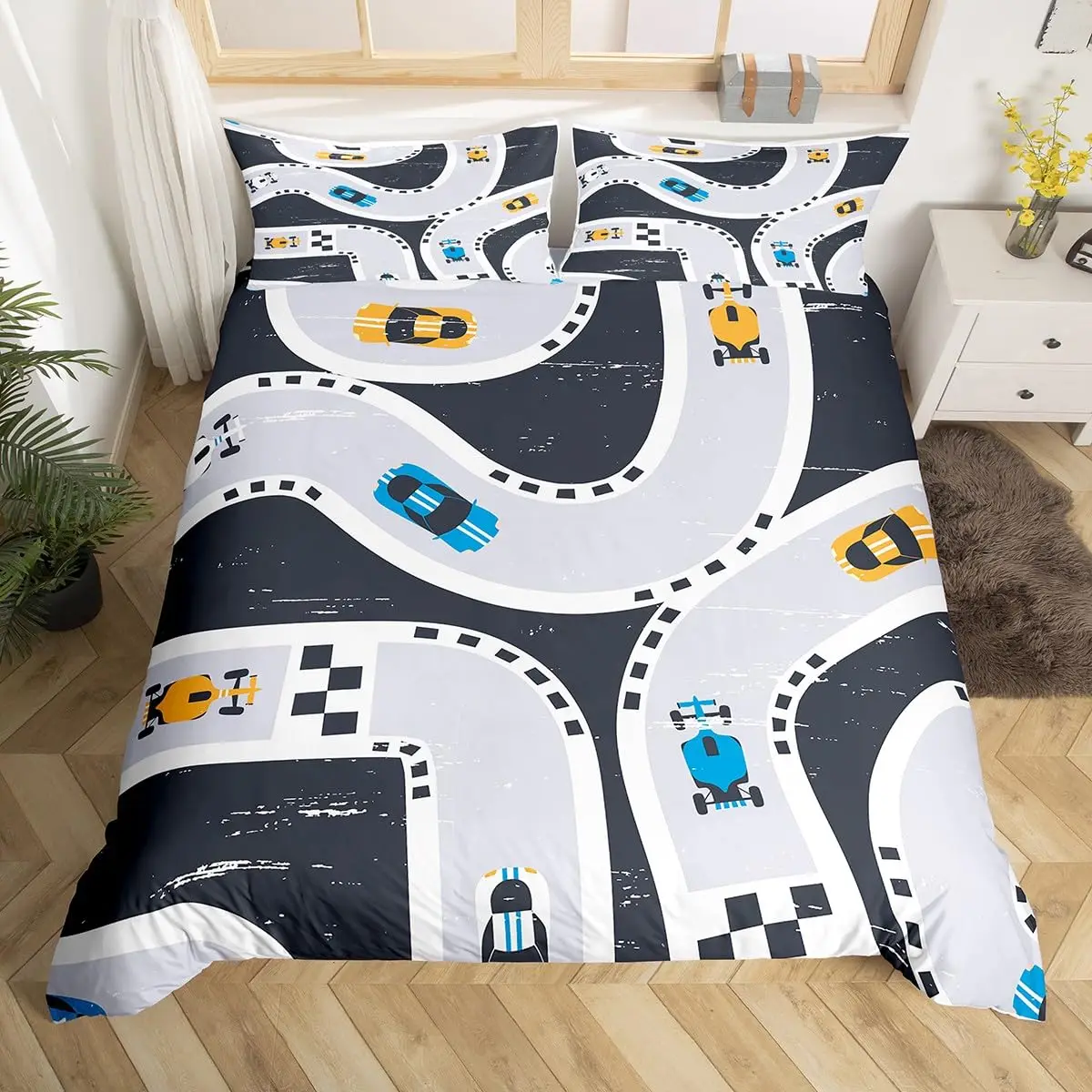 Racing Car Track Duvet Cover Queen For Kids Boys,Construction Vehicle Grey Bedding Set Red Cars Road Traffic Quilt Cover 3 Pcs