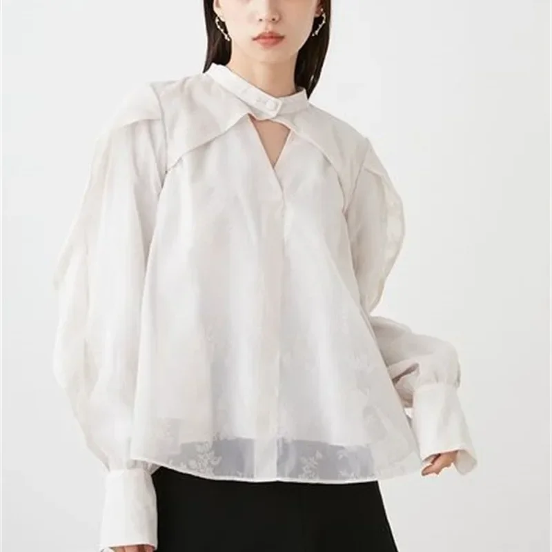 Blusa de Organza con manga abombada y cuello en V para mujer, blusa elegante estilo japonés Vintage, novedad de 2024