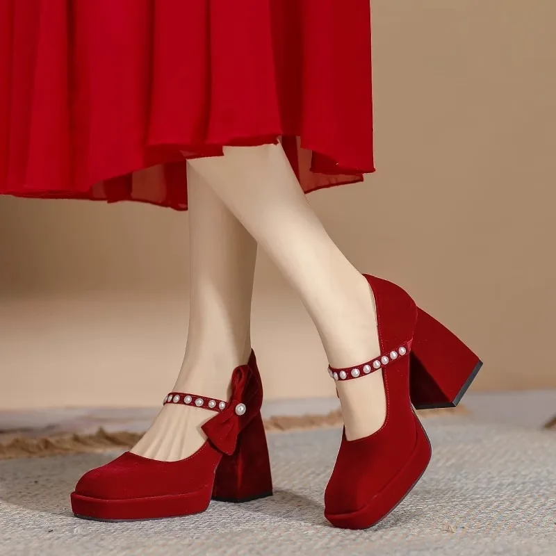 2024 New Women's Comfortable and Fashionable Pearl Bow Decorated One-line Buckle Elegant Square Toe High Heels