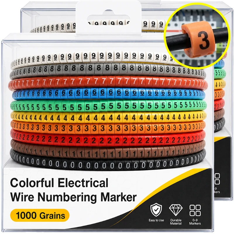 500/1000x PVC Cable Markers 0-9 Colorful Wire Number Labels Insulated Waterproof Slip-On Tags for 1.5/2.5 Sqmm Electrical Cable