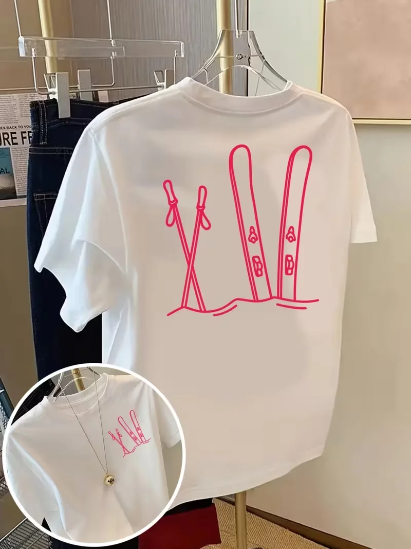 Women T Shirt Stylish Short Sleeve Ski Board and Ski Pole Prints Front Back Double Sided Casual Round Neck Soft Breathable