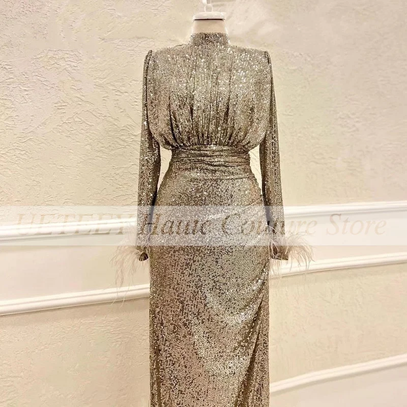 Sparkly Evening Dresses For Dubai Women Sequined Feahers Formal Party Long Prom Gowns Arabischer Naher Osten Robes De Soirée