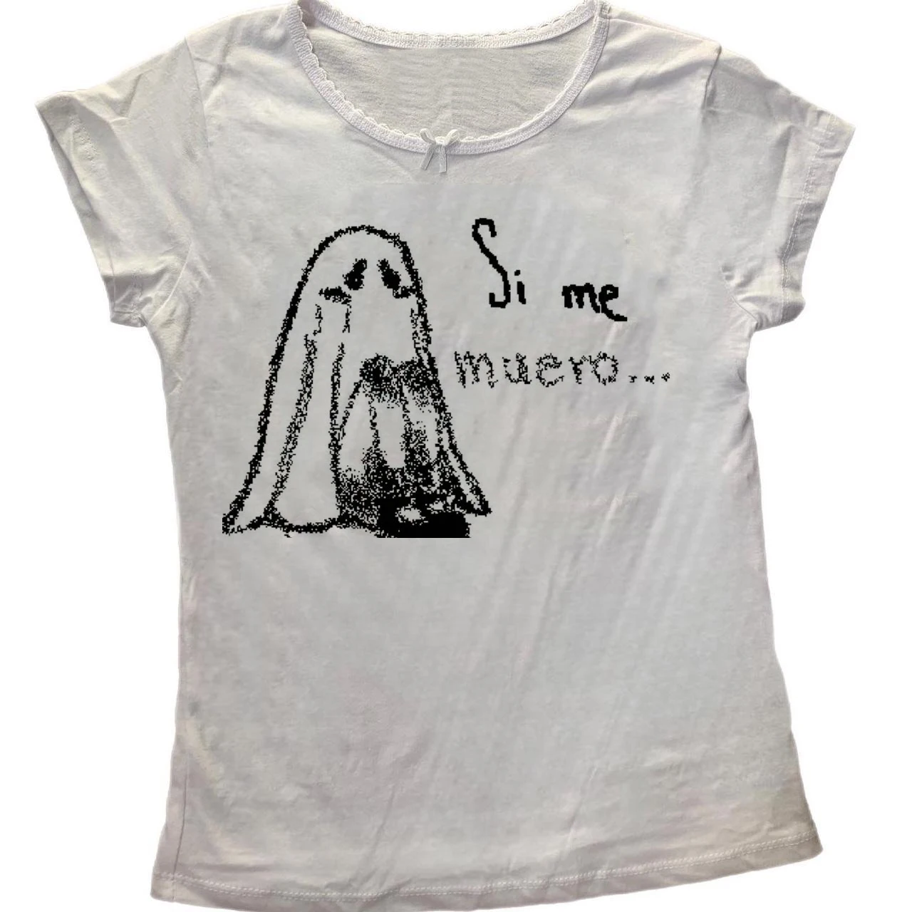 Sad Crying Ghost Si Me Muero Spanish Text T Shirt Women Grunge Doodle Sketch Print Short Sleeve T-shirt Dark Aesthetic Ladies Gr