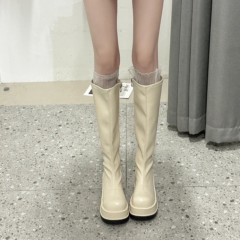 

High Boots Women New Round Head Mid Heel PU Leather Cowhide Women's Boots High Sleeve Boots Long Boots Western Boots