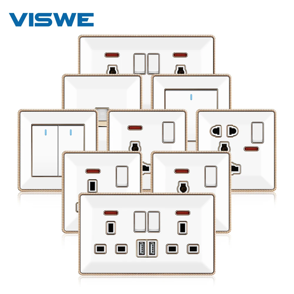 VISWE Universal UK Wall Socket 13A, Light Switch 1/2/3gang 2way, Acrylic Panel with gold border, Usb socket 3pin 5pin Plug