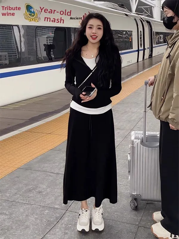 Conjunto informal de dos piezas con capucha y falda de Color para mujer, conjunto Faion de otoño 2025, camiseta larga de poliéster cálida