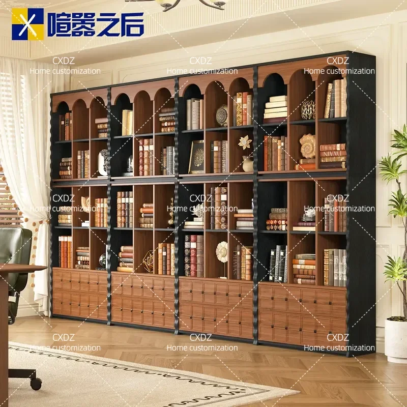 Retro Solid Wood Wardrobe Display Cabinet Integrated Whole Wall Living Room Bookshelf Combination Floor Stand Storage Unit
